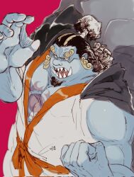 Rule 34 | 1boy, bare shoulders, black hair, blue skin, clenched hand, coat, coat on shoulders, colored skin, curly eyebrows, facial hair, fighting stance, fins, fish boy, from above, frown, goatee, highres, ippaiotabe mkw, japanese clothes, jinbe (one piece), kimono, large hands, large pectorals, looking at viewer, male focus, mature male, muscular, muscular male, one piece, pectorals, pink background, pointy ears, serious, solo, strongman waist, tied sleeves, tusks, white kimono