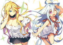 Rule 34 | 2girls, ahoge, animal ears, bare shoulders, blue eyes, blue hair, breasts, cleavage, cowboy shot, dress, guilty arms, hand on own hip, katou itsuwa, large breasts, long hair, multiple girls, one eye closed, purple eyes, sailor dress, salute, simple background, smile, very long hair