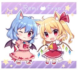Rule 34 | 2girls, :3, :d, ;), ahoge, animal ears, arm garter, arm up, ascot, bad id, bad pixiv id, bat wings, blonde hair, blue hair, blush, bobby socks, bow, brooch, cat ears, cat tail, character name, chibi, crystal, fang, flandre scarlet, frilled shirt collar, frills, full body, hair ribbon, hand on own hip, hands on own hips, highres, jewelry, kemonomimi mode, looking at viewer, multiple girls, no headwear, no headwear, one eye closed, open mouth, pink footwear, pink shirt, pink skirt, puffy short sleeves, puffy sleeves, red bow, red eyes, red footwear, red ribbon, red shirt, red skirt, remilia scarlet, ribbon, sash, shirt, shoes, short sleeves, siblings, side ponytail, sisters, skirt, skirt set, smile, socks, star (symbol), tail, touhou, white legwear, wings, yada (xxxadaman)