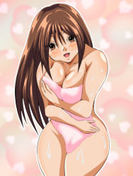 Rule 34 | 00s, 1girl, blush, breasts, brown eyes, brown hair, cleavage, eyes visible through hair, head tilt, highres, ichigo 100 percent, inabakun00, kitaooji satsuki, large breasts, long hair, looking at viewer, matching hair/eyes, naked towel, open mouth, smile, solo, standing, thighs, towel, wet, wide hips