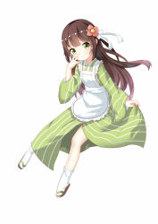 Rule 34 | 1girl, apron, blush, brown footwear, brown hair, chihong de tianshi, closed mouth, flower, frilled apron, frills, full body, green eyes, green kimono, hair flower, hair ornament, hair ribbon, japanese clothes, kimono, long hair, long sleeves, maid apron, original, personification, red flower, ribbon, sandals, simple background, smile, solo, striped clothes, striped kimono, tabi, vertical-striped clothes, vertical-striped kimono, very long hair, white apron, white background, white footwear, white ribbon, wide sleeves, zouri