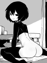 Rule 34 | 1girl, akableak, arm support, ass, bare back, bed, black eyes, black hair, black shirt, black thighhighs, bob cut, book, bottomless, closed mouth, commentary, cropped shirt, empty eyes, feet out of frame, from behind, greyscale, hair between eyes, headboard, highres, indoors, leaning forward, long sleeves, looking at viewer, looking back, monochrome, monogatari (series), no panties, on bed, oshino ougi, pale skin, romaji commentary, shiny skin, shirt, short hair, shoulder blades, sitting, smile, solo, thighhighs, turtleneck, wariza