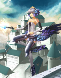 Rule 34 | 1girl, armor, armored dress, bare shoulders, blue eyes, building, dress, gwendolyn (odin sphere), highres, leg wings, locke20, low wings, odin sphere, polearm, pteruges, silver hair, solo, spear, strapless, strapless dress, weapon, wings