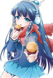 Rule 34 | 1girl, blue eyes, blue hair, blue jacket, blue skirt, blunt bangs, bow, bowtie, cowboy shot, food, hair ornament, headphones, highres, isis (p&amp;d), jacket, long hair, long sleeves, looking at viewer, matching hair/eyes, orb, pikomarie, pink bow, pink bowtie, pleated skirt, puzzle &amp; dragons, red scarf, religious offering, scarf, sidelocks, simple background, skirt, smile, solo, sweet potato, very long hair, white background
