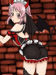 Rule 34 | 1girl, alternate costume, artist request, ass, bare shoulders, blush, breasts, costume, demon girl, detached sleeves, freckles, from behind, gloves, halloween, halloween costume, headdress, horns, leaning, leaning forward, lisbeth (sao), lisbeth (sao-alo), looking at viewer, maid headdress, open mouth, pink eyes, pink hair, pointy ears, short hair, short shorts, shorts, sideboob, solo, sword art online, tail, thighhighs, wings