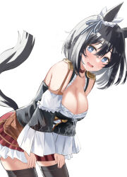 Rule 34 | 1girl, animal ears, black hair, black thighhighs, blue eyes, bow, breasts, cleavage, commentary, detached sleeves, ear ribbon, eishin flash (umamusume), hair between eyes, highres, horse ears, horse girl, horse tail, karo-chan, large breasts, looking at viewer, red skirt, short hair, simple background, skirt, solo, tail, thighhighs, umamusume, white background, zettai ryouiki
