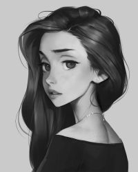 Rule 34 | 1girl, back, bare shoulders, earrings, freckles, greyscale, highres, jewelry, lips, long hair, looking at viewer, looking back, monochrome, necklace, off shoulder, parted lips, sam yang, simple background