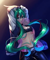 Rule 34 | 1girl, absurdres, arm up, arms up, belt, black bra, black pants, blue hair, bra, breasts, blowing bubbles, chewing gum, cleavage, cowboy shot, floating hair, green eyes, green hair, hair between eyes, hatsune miku, highres, index finger raised, inu8neko, long hair, long sleeves, looking at viewer, midriff, multicolored hair, multicolored nails, nail polish, navel, pants, red hair, shiny clothes, small breasts, solo, standing, stomach, streaked hair, twintails, underwear, unzipped, very long hair, vocaloid, white sleeves
