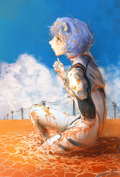Rule 34 | 1girl, absurdres, ayanami rei, blue hair, blue sky, bodysuit, closed mouth, cloud, commentary, curled fingers, dated, day, dirty, dirty clothes, dirty face, dripping, the end of evangelion, expressionless, from side, full body, gloves, hair between eyes, hand on own chest, hand up, highres, interface headset, knee up, lcl, long sleeves, looking ahead, messy, messy hair, neon genesis evangelion, outdoors, partially immersed, pilot suit, plugsuit, power lines, profile, red eyes, rizottodesu, short hair, signature, sketch, sky, solo, spoilers, squatting, utility pole, wading, wet, wet clothes, wet hair, white bodysuit, white gloves