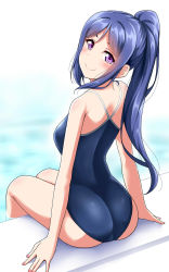 Rule 34 | 1girl, \||/, ass, blue hair, blue one-piece swimsuit, blush, commentary request, competition school swimsuit, highres, long hair, looking at viewer, looking back, love live!, love live! sunshine!!, matsuura kanan, one-piece swimsuit, ponytail, pool, purple eyes, school swimsuit, sidelocks, sitting, smile, solo, swimsuit, yopparai oni