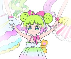 Rule 34 | 3girls, absurdres, aged down, ahoge, arms up, bow, closed mouth, commentary request, double bun, dress, falulu, falulu (awakened), gradient hair, green dress, green hair, hair bow, hair bun, highres, holding hands, hyopu, laalulu, manaka laala, multicolored hair, multiple girls, out of frame, pink bow, pretty series, pripara, purple hair, solo focus, standing, white background, winding key