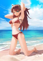 Rule 34 | 1girl, :o, absurdres, armpits, arms up, beach, bikini, blue eyes, blue sky, breasts, brown hair, cloud, day, fate/stay night, fate (series), full body, hair ribbon, highres, kneeling, long hair, looking at viewer, medium breasts, navel, outdoors, parted lips, pat bharasarn, red bikini, ribbon, sand, side-tie bikini bottom, sky, solo, stomach, strap gap, swimsuit, thighs, tohsaka rin