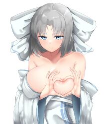 Rule 34 | 1girl, areola slip, azareiya 0702, blue eyes, bow, breasts, cleavage, collarbone, detached sleeves, grey hair, hair bow, hands on own chest, highres, japanese clothes, kimono, large breasts, long sleeves, looking at viewer, senran kagura, simple background, white background, white kimono, wide sleeves, yumi (senran kagura)