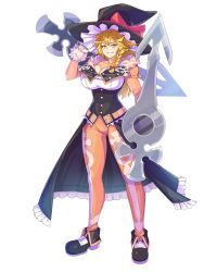 Rule 34 | 1girl, black hat, blonde hair, bow, braid, breasts, cleavage, collarbone, commentary request, cookie (touhou), cosplay, dual wielding, freckles, full body, fur collar, guilty gear, guilty gear xrd, hair bow, hat, hat bow, highres, holding, holding weapon, kirisame marisa, kohaku (cookie), large breasts, leo whitefang, leo whitefang (cosplay), long hair, looking at viewer, orange pants, pants, red bow, shoes, side braid, single braid, solo, standing, tarmo, touhou, transparent background, weapon, witch hat, yellow eyes