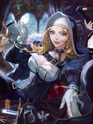 Rule 34 | 1girl, ammunition, blonde hair, blue eyes, braid, breasts, cigar, cleavage, cross, cross earrings, earrings, furyou michi ~gang road~, gang road joker, gloves, habit, highres, jewelry, licking lips, lighter, long hair, looking at another, looking to the side, monable, nun, out of frame, solo focus, tongue, tongue out