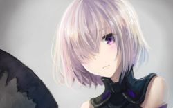 Rule 34 | 1girl, detached sleeves, fate/grand order, fate (series), grey background, hair over one eye, looking at viewer, mash kyrielight, portrait, purple eyes, short hair, silver hair, solo, tamae (pixiv40276)