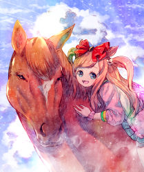 Rule 34 | 1boy, 1girl, agnes digital (racehorse), agnes digital (umamusume), animal ears, blue eyes, bow, creature and personification, highres, hood, hoodie, horse, horse ears, horse girl, horseback riding, looking at viewer, red bow, riding, scrunchie, sidelocks, two side up, umamusume, usapenpen2019