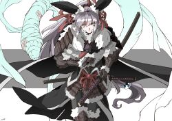 Rule 34 | 1girl, absurdres, andojing, armor, artist name, bandages, bandages over eyes, cape, fur-trimmed armor, fur trim, gauntlets, green eyes, grey hair, hair ribbon, highres, holding, holding sword, holding weapon, japanese armor, katana, kusazuri, long hair, looking at viewer, ofuda, original, ponytail, ribbon, rope belt, sheath, sheathed, shoulder armor, snake, sode, solo, suneate, sword, very long hair, weapon