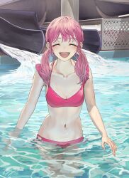 Rule 34 | 1girl, :d, ^ ^, absurdres, bikini, closed eyes, highres, hinamizawa hinami (tetto), navel, open mouth, original, pink hair, pool, smile, solo, swimsuit, tetto (onnoveltet), twintails, wading, water slide, wet