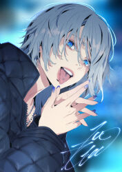 Rule 34 | 1girl, blue background, blue eyes, blue nails, bright pupils, cropped arms, cropped torso, grey hair, highres, interlocked fingers, jacket, jewelry, kobayashi gen, looking at viewer, nail polish, necklace, open mouth, original, piercing, screentones, signature, tongue, tongue out, tongue piercing, white pupils