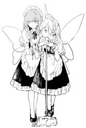 Rule 34 | 2girls, apron, black dress, black footwear, closed mouth, commentary request, dress, fairy maid (touhou), fairy wings, full body, greyscale, highres, long hair, maid headdress, monochrome, mop, multiple girls, neck ribbon, ribbon, risui (suzu rks), shirt, short sleeves, side ponytail, simple background, smile, touhou, white background, white shirt, wings, wrist cuffs