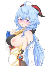 Rule 34 | 1girl, absurdres, ahoge, artist name, bare shoulders, bell, black gloves, blue hair, blush, bow, breasts, chinese knot, covered navel, detached sleeves, flower knot, ganyu (genshin impact), genshin impact, gloves, goki buri, gold trim, highres, horns, long hair, looking at viewer, low ponytail, medium breasts, neck bell, nipples, nose blush, one breast out, purple eyes, red rope, rope, sideboob, sidelocks, solo, tassel, upper body, vision (genshin impact), white background, white sleeves