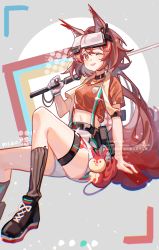 Rule 34 | 1girl, ;d, absurdres, animal ears, arknights, black choker, black footwear, black socks, brown eyes, choker, cropped shirt, flametail (arknights), flametail (sport for all) (arknights), gloves, head-mounted display, highres, knee up, long hair, looking at viewer, miao (sisheng), midriff, navel, official alternate costume, one eye closed, open mouth, orange shirt, over shoulder, procreate (medium), red hair, shirt, shoes, shorts, sitting, smile, socks, solo, squirrel ears, squirrel tail, suspenders, sword, sword over shoulder, tail, teeth, thigh strap, upper teeth only, weapon, weapon over shoulder, white gloves, white shorts