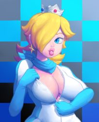 Rule 34 | 1girl, blonde hair, blue eyes, breasts, cleavage, covered erect nipples, curvy, female focus, gradient background, large breasts, lips, long hair, looking at viewer, mario (series), mario kart, nintendo, outta sync, parted lips, rosalina, solo, super mario bros. 1, super mario galaxy, thick lips, wide hips