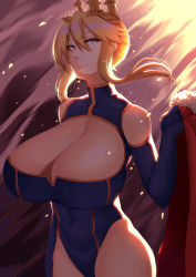 Rule 34 | &gt;:), 1girl, absurdres, arm at side, artoria pendragon (fate), artoria pendragon (lancer) (fate), backlighting, bare hips, bare shoulders, blue gloves, blue leotard, braid, braided bun, breasts, cleavage, cleavage cutout, closed mouth, clothing cutout, covered navel, cowboy shot, crown, elbow gloves, fate/grand order, fate (series), fur trim, gloves, hair between eyes, hair bun, heattech leotard, highres, holding, huge breasts, leotard, looking at viewer, mature female, nekosama shugyouchuu, short hair with long locks, shoulder cutout, sidelocks, smug, solo, turtleneck