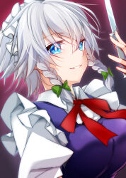 Rule 34 | 1girl, absurdres, blue eyes, braid, bright pupils, commentary request, highres, holding, holding knife, izayoi sakuya, kinese (katasutorohu), knife, looking at viewer, maid, maid headdress, medium hair, red background, short sleeves, side braids, solo, touhou, twin braids, upper body, white pupils