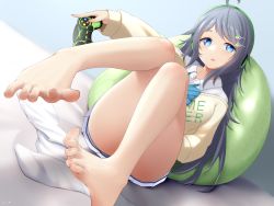 Rule 34 | 1girl, ahoge, ass, barefoot, bean bag chair, black hair, blue bow, blue bowtie, blue eyes, bow, bowtie, cardigan, chinese commentary, collared shirt, commentary request, commission, controller, convenient leg, dutch angle, feet, foot focus, foreshortening, game controller, hair ornament, hairclip, hand up, head tilt, headphones, highres, holding, inohara koboshi, j.c.14, knees up, leaning back, legs, unworn legwear, long hair, looking at viewer, miniskirt, no shoes, ongeki, open mouth, pixiv commission, pleated skirt, school uniform, shirt, sitting, skirt, soles, solo, spread toes, swept bangs, toes, white shirt, white skirt