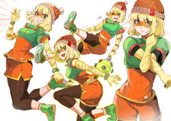 Rule 34 | 1girl, arms (game), beanie, blonde hair, blush, bracelet, breasts, brown legwear, eyebrows visible through mask, gloves, green eyes, green footwear, green shirt, hat, highres, jewelry, knit hat, leggings, looking at viewer, medium breasts, megawatt (arms), min min (arms), multiple views, one eye closed, open mouth, orange headwear, orange shirt, orange shorts, ormille, shirt, short hair, shorts, stretching, thighs