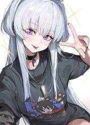 Rule 34 | 1girl, black choker, black shirt, blanc (whit blanc), blue archive, blush, choker, grey hair, highres, long hair, looking at viewer, noa (blue archive), open mouth, purple eyes, shirt, short sleeves, simple background, smile, solo, tongue, tongue out, v, white background
