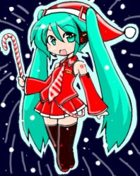 Rule 34 | 1girl, aqua hair, candy, candy cane, chibi, christmas, food, hat, hatsune miku, holding, holding candy, holding candy cane, long hair, lowres, necktie, santa costume, santa hat, snow, solo, thighhighs, twintails, very long hair, vocaloid