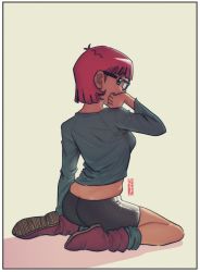 Rule 34 | 1girl, ass, bike shorts, blue eyes, boots, breasts, chrono trigger, from behind, full body, glasses, highres, long sleeves, lucca ashtear, red footwear, red hair, ryan jampole, shadow, signature, sitting, skindentation, small breasts, solo, wariza