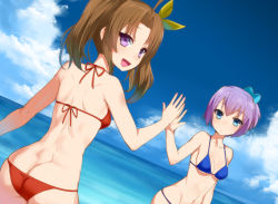 Rule 34 | 10s, 2girls, :d, alternate costume, arm at side, ass, beach, bikini, blue bikini, blue eyes, bow, breasts, brown hair, butt crack, cleavage, cloud, cloudy sky, collarbone, day, dutch angle, expressionless, eyebrows, grin, groin, hair between eyes, hair bow, hair ornament, hair ribbon, hands together, high five, kagerou (kancolle), kantai collection, kusaka souji, looking at viewer, looking back, lowleg, lowleg bikini, medium breasts, midriff, multiple girls, navel, ocean, open mouth, outdoors, parted bangs, pink hair, ponytail, purple eyes, red bikini, ribbon, shiranui (kancolle), sky, smile, stomach, swimsuit, thighs, twintails, yellow ribbon