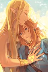 Rule 34 | 1boy, 1girl, artist name, bare shoulders, blue eyes, blue tunic, bracer, closed eyes, crying, dress, earrings, eorinamo, hair between eyes, hand on another&#039;s chest, highres, hyrule warriors: age of calamity, injury, jewelry, link, long hair, low ponytail, medium hair, nintendo, outdoors, parted bangs, parted lips, pointy ears, princess zelda, sidelocks, strapless, strapless dress, tears, the legend of zelda, the legend of zelda: breath of the wild, thick eyebrows, triforce, white dress