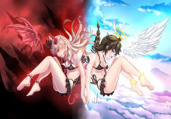 Rule 34 | 2girls, angel and devil, angel wings, anklet, artist name, back-to-back, bare arms, bare legs, bare shoulders, barefoot, bikini, bikini skirt, black bikini, black ribbon, blush, braid, breasts, brown hair, collarbone, demon girl, demon horns, demon tail, demon wings, detached wings, feathered wings, from side, full body, glowing, hair flaps, hair ornament, hair ribbon, hairclip, halo, highres, holding hands, horns, interlocked fingers, jewelry, kantai collection, long hair, medium breasts, multiple girls, navel, open mouth, ribbon, sailor bikini, sailor collar, shigure (kancolle), side-tie bikini bottom, single braid, smile, spiked anklet, spikes, swimsuit, tail, underboob, white wings, wings, wuhuo, yuudachi (kancolle)