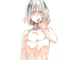 Rule 34 | 1girl, absurdres, bare arms, breasts, camisole, collarbone, commentary request, hand up, highres, limited palette, looking at viewer, original, palms, parted lips, reaching, reaching towards viewer, shiki haru, short hair, simple background, slit pupils, small breasts, solo, upper body, white background