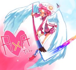 Rule 34 | 1girl, art brush, blush, character name, checkered clothes, checkered skirt, female focus, flower, gradient background, hair flower, hair ornament, hat, heart, highres, open mouth, original, paintbrush, painting (action), personification, pink eyes, pink hair, pixa, pleated skirt, ribbon, school uniform, shoes, short hair, skirt, socks, solo, tatata, uniform, white background, white wings, wings