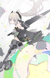 Rule 34 | 1girl, absurdres, bare shoulders, black dress, closed mouth, dee (fire2332), dress, grey dress, grey eyes, grey hair, headgear, highres, holding, holding sword, holding weapon, huge weapon, joints, long hair, mechanical arms, mechanical foot, mechanical legs, nanami: pulse (punishing: gray raven), nanami (punishing: gray raven), ponytail, punishing: gray raven, robot joints, sidelocks, skates, solo, star (symbol), sword, v, very long hair, weapon