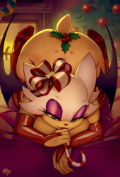 Rule 34 | 1girl, animal ears, ass, bat wings, blue eyes, boots, bow, breasts, candy, candy cane, christmas, christmas tree, curvy, eyeshadow, food, functionally nude, furry, furry female, gloves, half-closed eyes, highres, huge breasts, krokobyaka, looking at viewer, maebari, makeup, mistletoe, red bow, red thighhighs, ribbon, rouge the bat, solo, sonic (series), tail, thick thighs, thigh boots, thighhighs, thighs, top-down bottom-up, wings