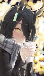 Rule 34 | 1girl, ahoge, amano kokoko, animal ears, black coat, black hair, closed mouth, coat, coffee cup, cup, disposable cup, earrings, enpera, grey scarf, hair over one eye, highres, holding, holding cup, horse ears, horse girl, jewelry, long hair, looking at viewer, manhattan cafe (umamusume), multicolored hair, scarf, single earring, smile, solo, steam, sweater, two-tone hair, umamusume, white hair, white sweater, winter clothes, yellow eyes