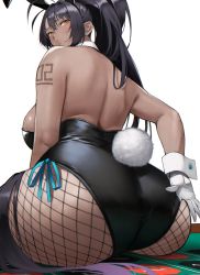 Rule 34 | 1girl, absurdres, animal ears, ass, bad id, bad twitter id, bare shoulders, black hair, black leotard, blue archive, breasts, curvy, dark-skinned female, dark skin, fake animal ears, fake tail, fishnet pantyhose, fishnets, from behind, gloves, highres, karin (blue archive), karin (bunny) (blue archive), large breasts, leotard, long hair, looking at viewer, looking back, official alternate costume, orange eyes, pantyhose, playboy bunny, ponytail, rabbit ears, rabbit tail, shoulder tattoo, simple background, solo, tail, tattoo, white background, white gloves, wide hips, yoshio (55level)