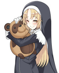 Rule 34 | 1girl, ;), blonde hair, blush, capelet, habit, highres, long hair, looking at viewer, nijisanji, nun, hugging object, omas lie, one eye closed, parted bangs, simple background, sister claire, sister claire (1st costume), smile, solo, stuffed animal, stuffed toy, teddy bear, traditional nun, very long hair, virtual youtuber, white background, white capelet