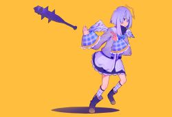 Rule 34 | 1girl, absurdres, amane kanata, angel wings, bob cut, club, club (weapon), feathered wings, halo, highres, hololive, kanabou, purple eyes, senda nara, short hair, silver hair, simple background, skirt, socks, solo, spiked club, standing, standing on one leg, star halo, virtual youtuber, weapon, white wings, wings, yellow background