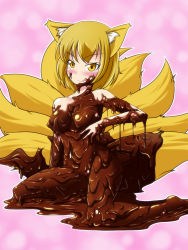 Rule 34 | 1girl, animal ears, blonde hair, blush, chocolate, chocolate covered, chocolate on face, female focus, food, food on face, fox ears, fox tail, licking lips, multiple tails, naked chocolate, nude, solo, tail, tamakko, tongue, tongue out, touhou, yakumo ran, yellow eyes
