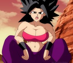 Rule 34 | 1girl, absurdres, black eyes, black hair, blindstash, bracelet, breasts, caulifla, clothes, curious, dragon ball, dragon ball super, female focus, highres, jewelry, large breasts, looking at viewer, medium hair, muscular, muscular female, open mouth, saiyan, sitting, solo
