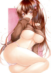Rule 34 | 1girl, absurdres, blush, breasts, breasts out, brown eyes, brown hair, cherry blossoms, flower, hair between eyes, hair flower, hair ornament, headgear, highres, kantai collection, large breasts, long hair, looking at viewer, no pants, panties, ponytail, solo, traditional media, underwear, very long hair, yamato (kancolle), yosaku vs hina