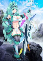 Rule 34 | 1girl, absurdres, breasts, cleavage, crop top, crossover, female focus, greatsword, green eyes, green hair, high ponytail, highres, horns, kirin (armor), large breasts, long hair, matching hair/eyes, miike-san, monster hunter, monster hunter: world, monster hunter (series), navel, pneuma (xenoblade), revealing clothes, single horn, smile, solo, spoilers, sword, thighhighs, trait connection, very long hair, xenoblade chronicles (series), xenoblade chronicles 2